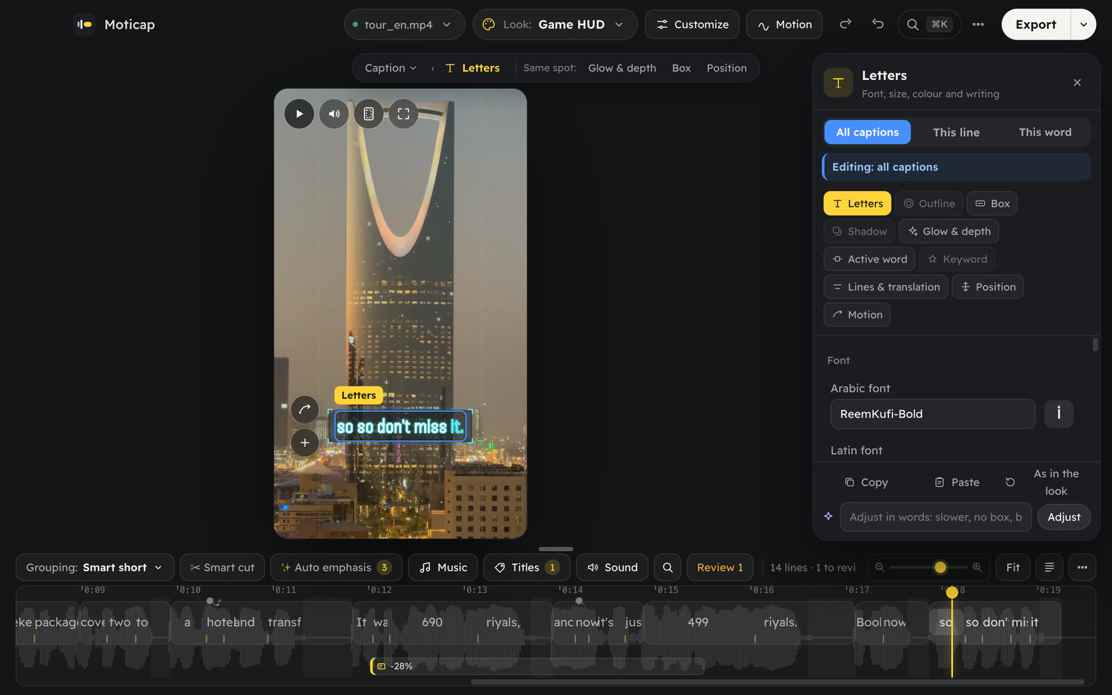 The Moticap Mac app: clicking the caption opened the Letters panel