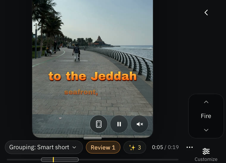 The Moticap editor on a folded iPhone Duo: the captioned video, with the look and Customize in a side column