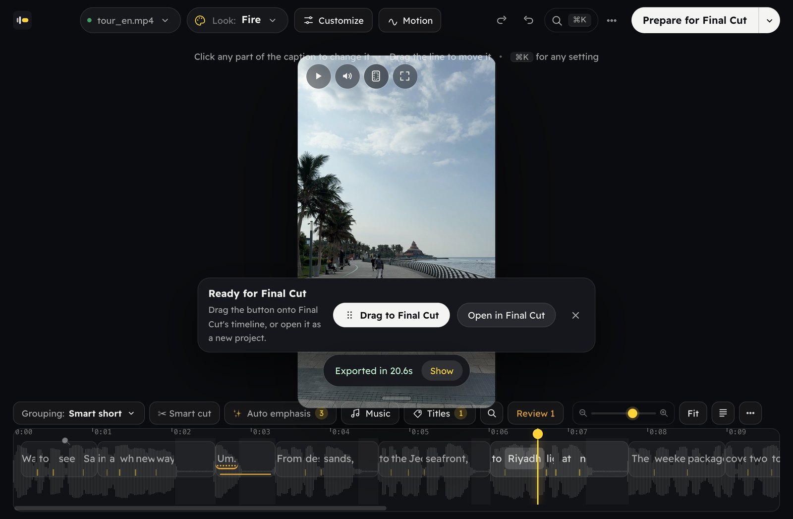 The Moticap Final Cut Pro extension after “Prepare for Final Cut”: the “Drag to Final Cut” button